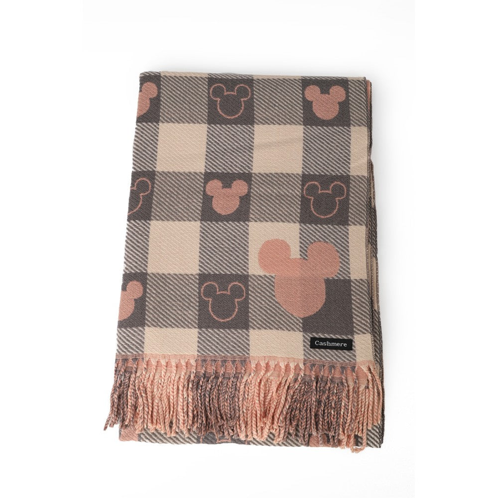 GREY Luxury Checkered Mickey Pattern Cashmere Scarf Wrap – Soft Fringe Shawl for Women