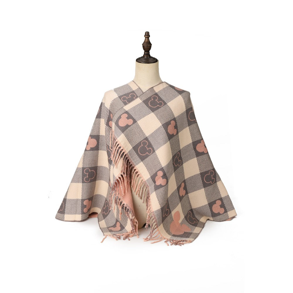GREY Luxury Checkered Mickey Pattern Cashmere Scarf Wrap – Soft Fringe Shawl for Women