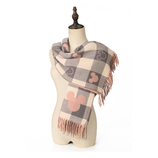 GREY Luxury Checkered Mickey Pattern Cashmere Scarf Wrap – Soft Fringe Shawl for Women