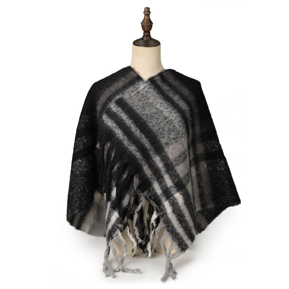 Luxury Oversized Plaid Fringe Scarf – Black & Grey Winter Wrap Shawl for Women