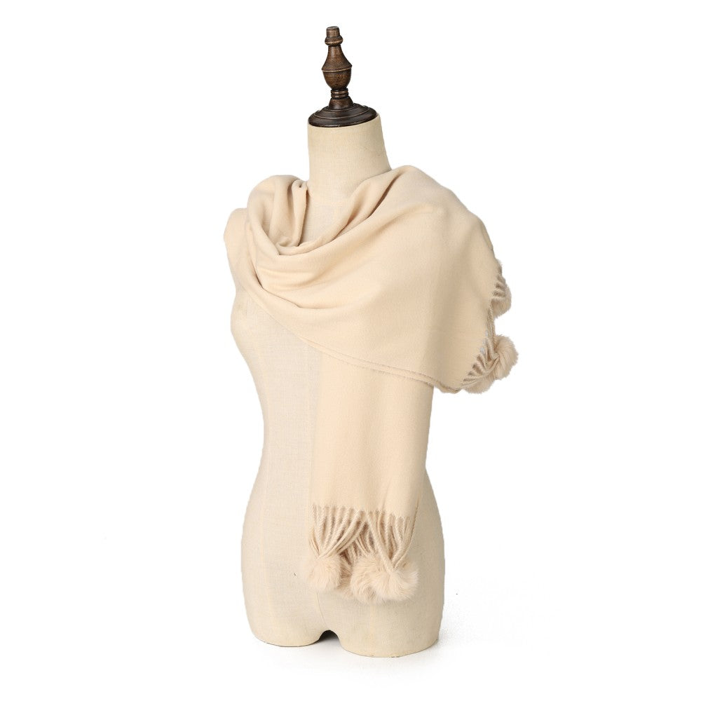 BEIGE  Luxury Cashmere Pom Pom Scarf – Soft Warm Winter Shawl with Fringe Tassels