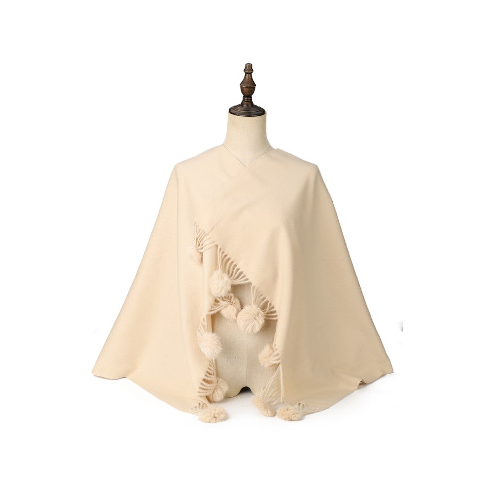 BEIGE  Luxury Cashmere Pom Pom Scarf – Soft Warm Winter Shawl with Fringe Tassels