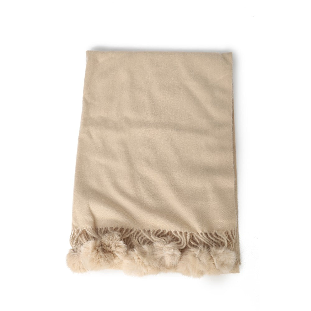BEIGE  Luxury Cashmere Pom Pom Scarf – Soft Warm Winter Shawl with Fringe Tassels
