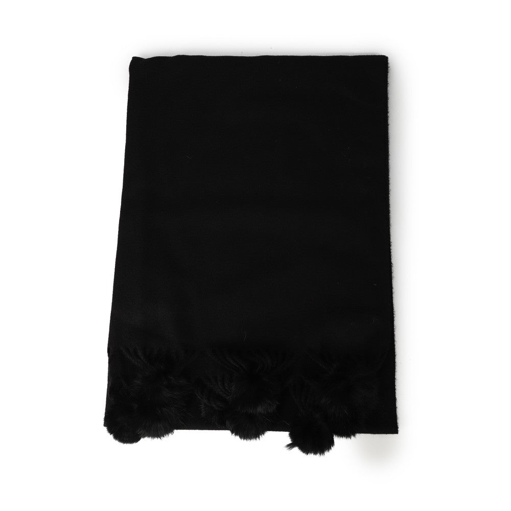 BLACK Luxury Cashmere Pom Pom Scarf – Soft Warm Winter Shawl with Fringe Tassels