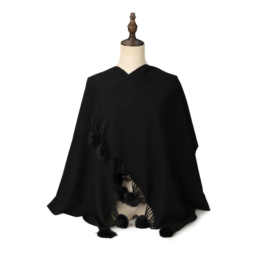 BLACK Luxury Cashmere Pom Pom Scarf – Soft Warm Winter Shawl with Fringe Tassels