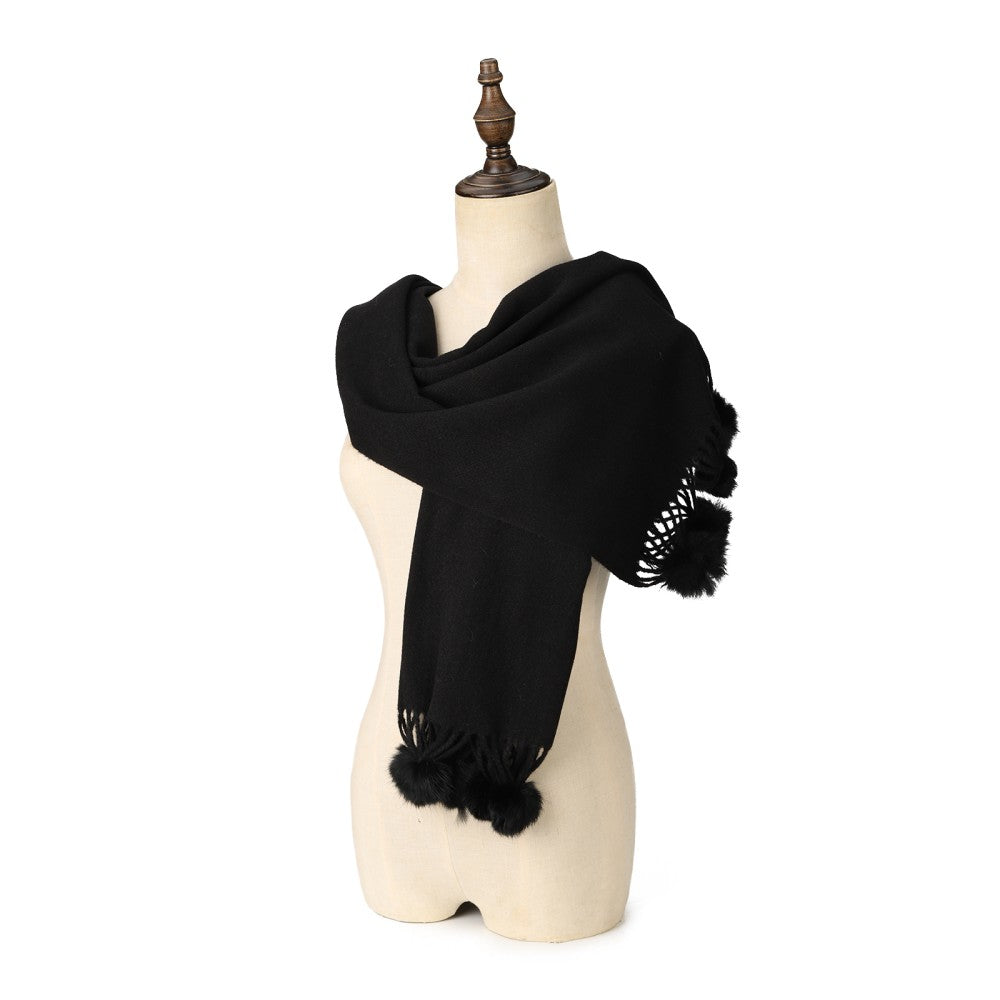 BLACK Luxury Cashmere Pom Pom Scarf – Soft Warm Winter Shawl with Fringe Tassels
