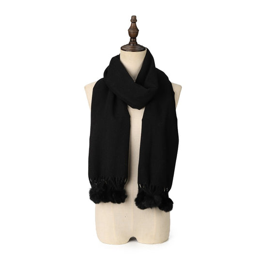 BLACK Luxury Cashmere Pom Pom Scarf – Soft Warm Winter Shawl with Fringe Tassels