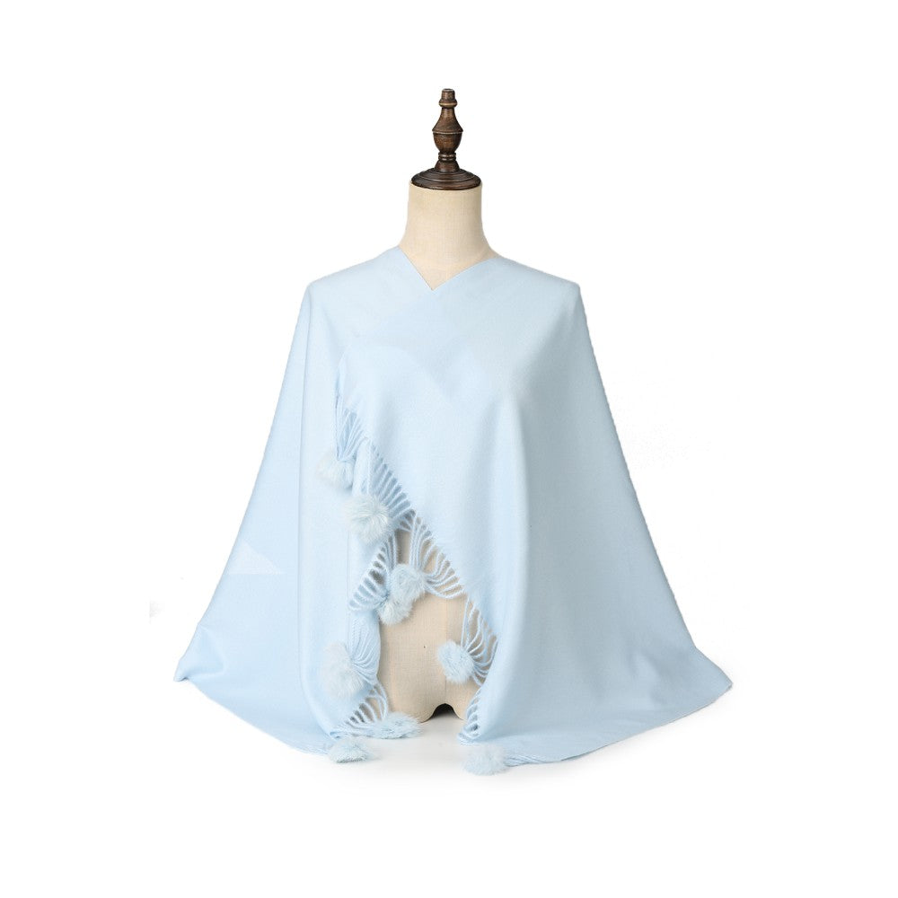BLUE Luxury Cashmere Pom Pom Scarf – Soft Warm Winter Shawl with Fringe Tassels