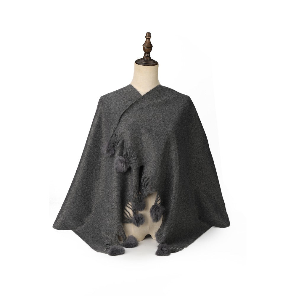 DARK GREY Luxury Cashmere Pom Pom Scarf – Soft Warm Winter Shawl with Fringe Tassels