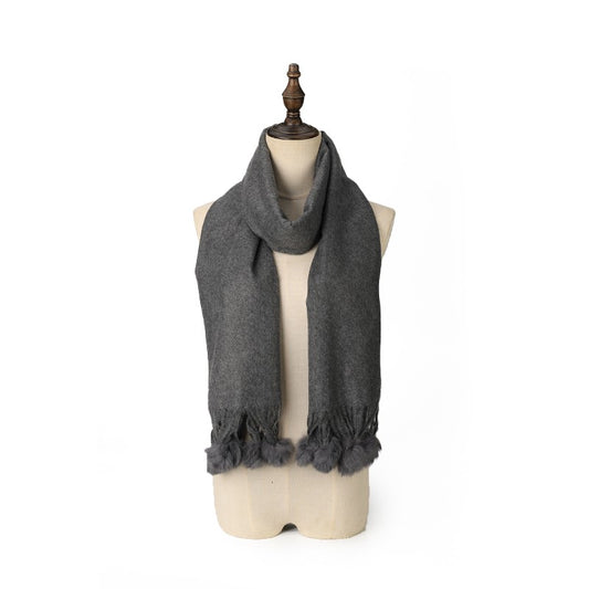 DARK GREY Luxury Cashmere Pom Pom Scarf – Soft Warm Winter Shawl with Fringe Tassels