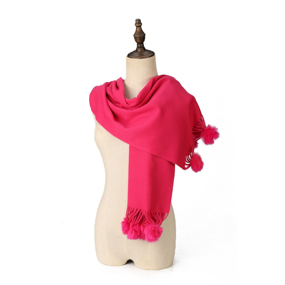 FUSHIA Luxury Cashmere Pom Pom Scarf – Soft Warm Winter Shawl with Fringe Tassels