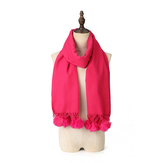 FUSHIA Luxury Cashmere Pom Pom Scarf – Soft Warm Winter Shawl with Fringe Tassels