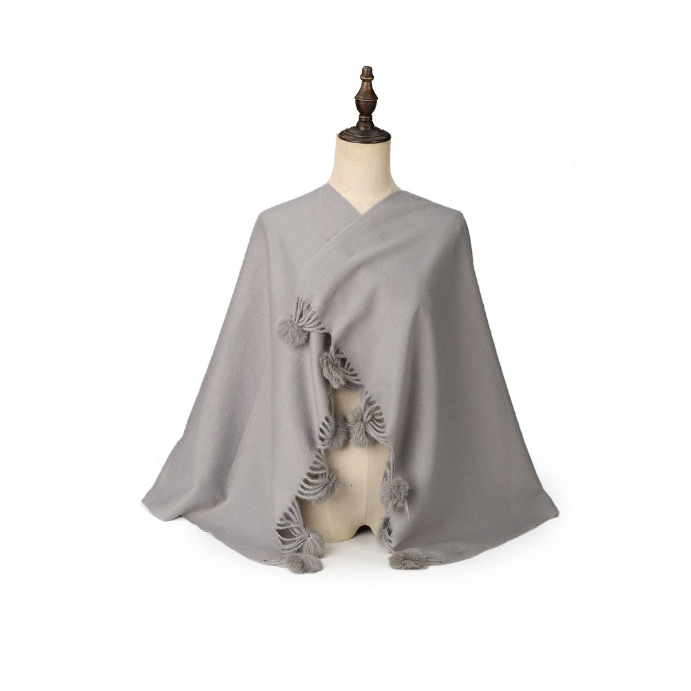 GREY Luxury Cashmere Pom Pom Scarf – Soft Warm Winter Shawl with Fringe Tassels