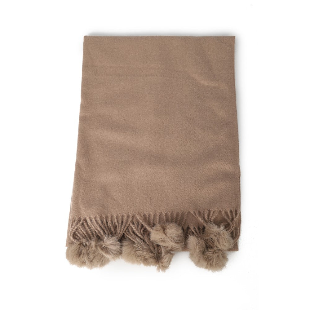 KHAKI Luxury Cashmere Pom Pom Scarf – Soft Warm Winter Shawl with Fringe Tassels