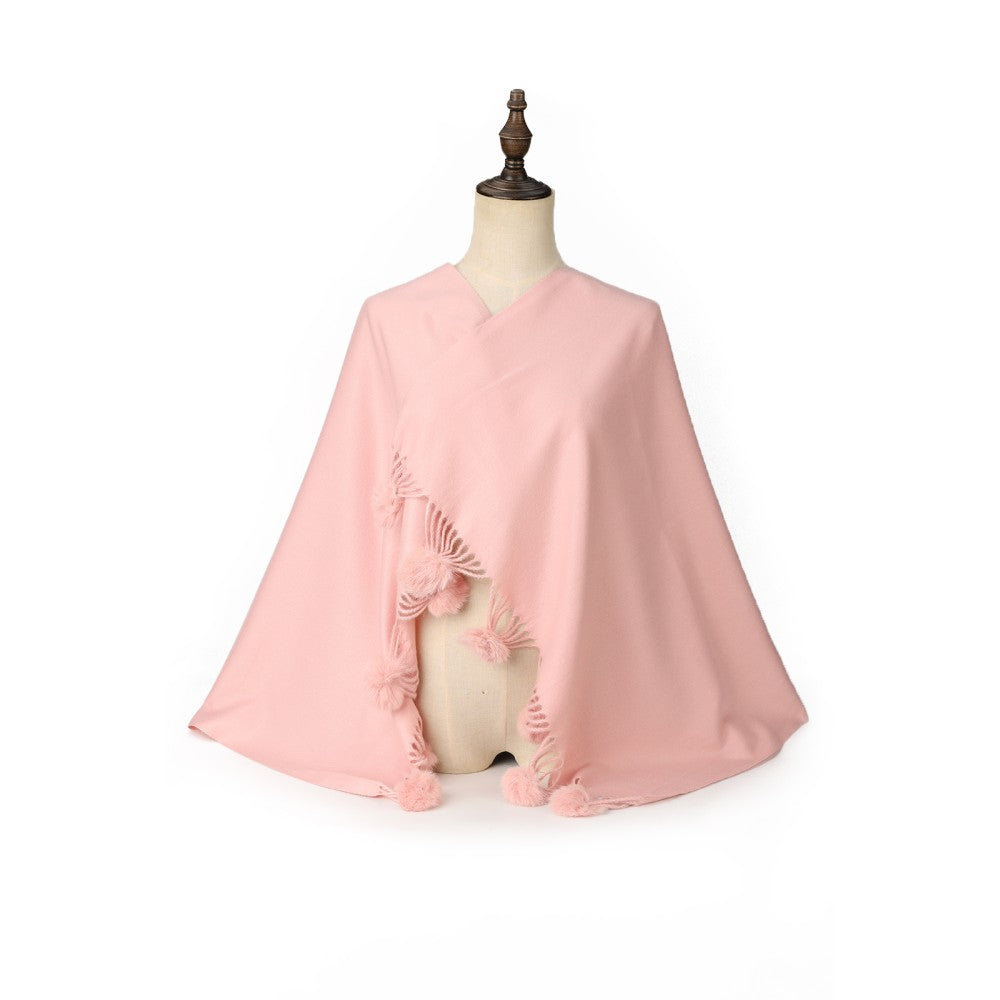 PINK Luxury Cashmere Pom Pom Scarf – Soft Warm Winter Shawl with Fringe Tassels