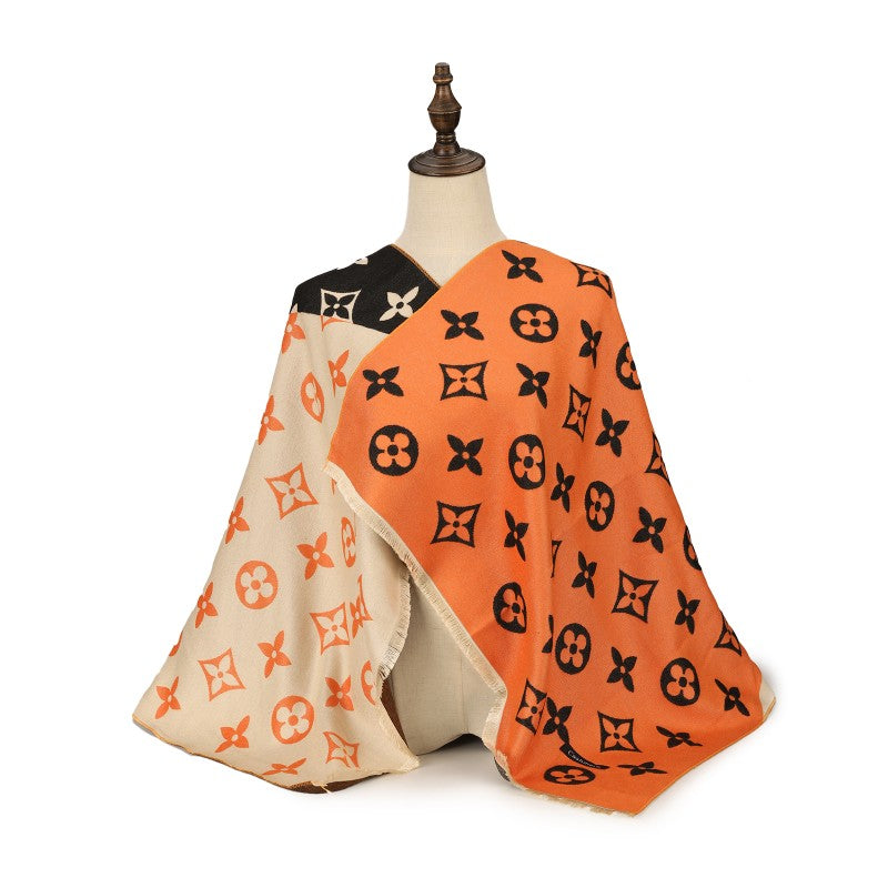 ORANGE Luxury Reversible Monogram Cashmere Scarf Shawl – Orange & Cream Designer Wrap