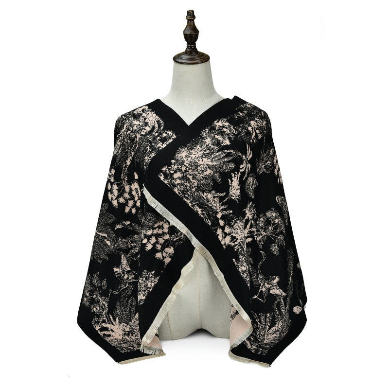 BLACK Luxury Botanical Print Cashmere Poncho Shawl Wrap – Elegant Designer-Inspired Scarf for Women