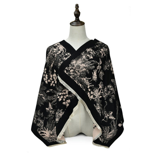 BLACK Luxury Botanical Print Cashmere Poncho Shawl Wrap – Elegant Designer-Inspired Scarf for Women