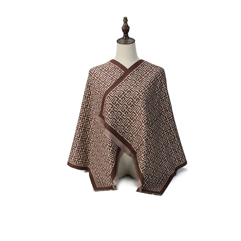COFFEE Luxury Geometric Pattern Cashmere Poncho Shawl Wrap – Elegant Designer-Inspired Scarf for Women