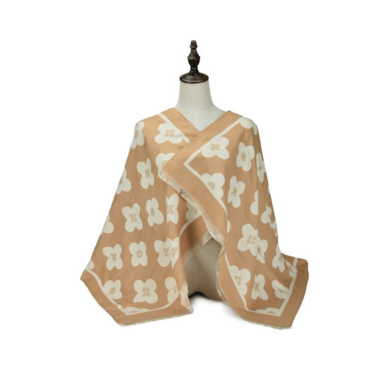 BEIGE Luxury Floral Monogram Cashmere Poncho Shawl Wrap – Elegant Designer-Inspired Scarf for Women