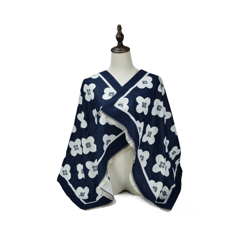 BLUE Luxury Floral Monogram Cashmere Poncho Shawl Wrap – Elegant Designer-Inspired Scarf for Women