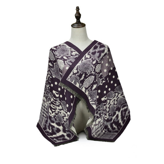 PURPLE Luxury Abstract Animal Print Cashmere Poncho Shawl Wrap – Elegant Designer-Inspired Scarf for Women