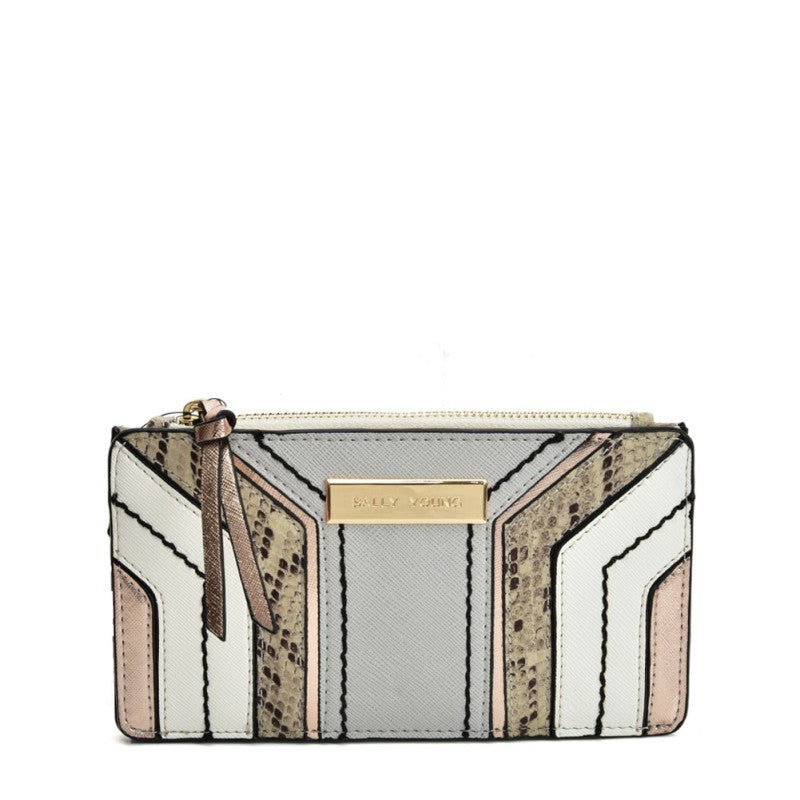 Sally Young Geometric Pattern Long Wallet – PU Leather Purse with Multi-Compartment Design