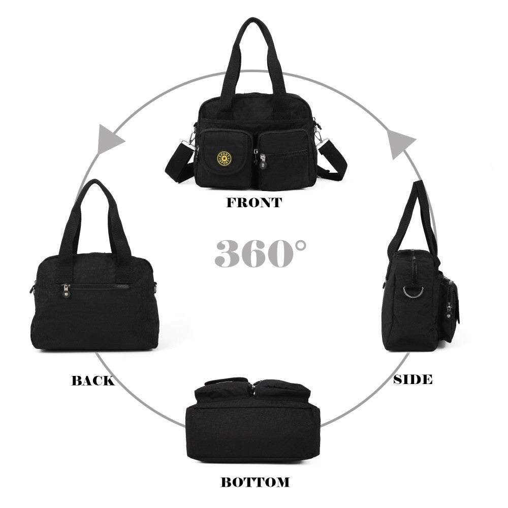 BLACK Voyager Utility Nylon Shoulder Bag – Waterproof Multi-Pocket Travel Handbag