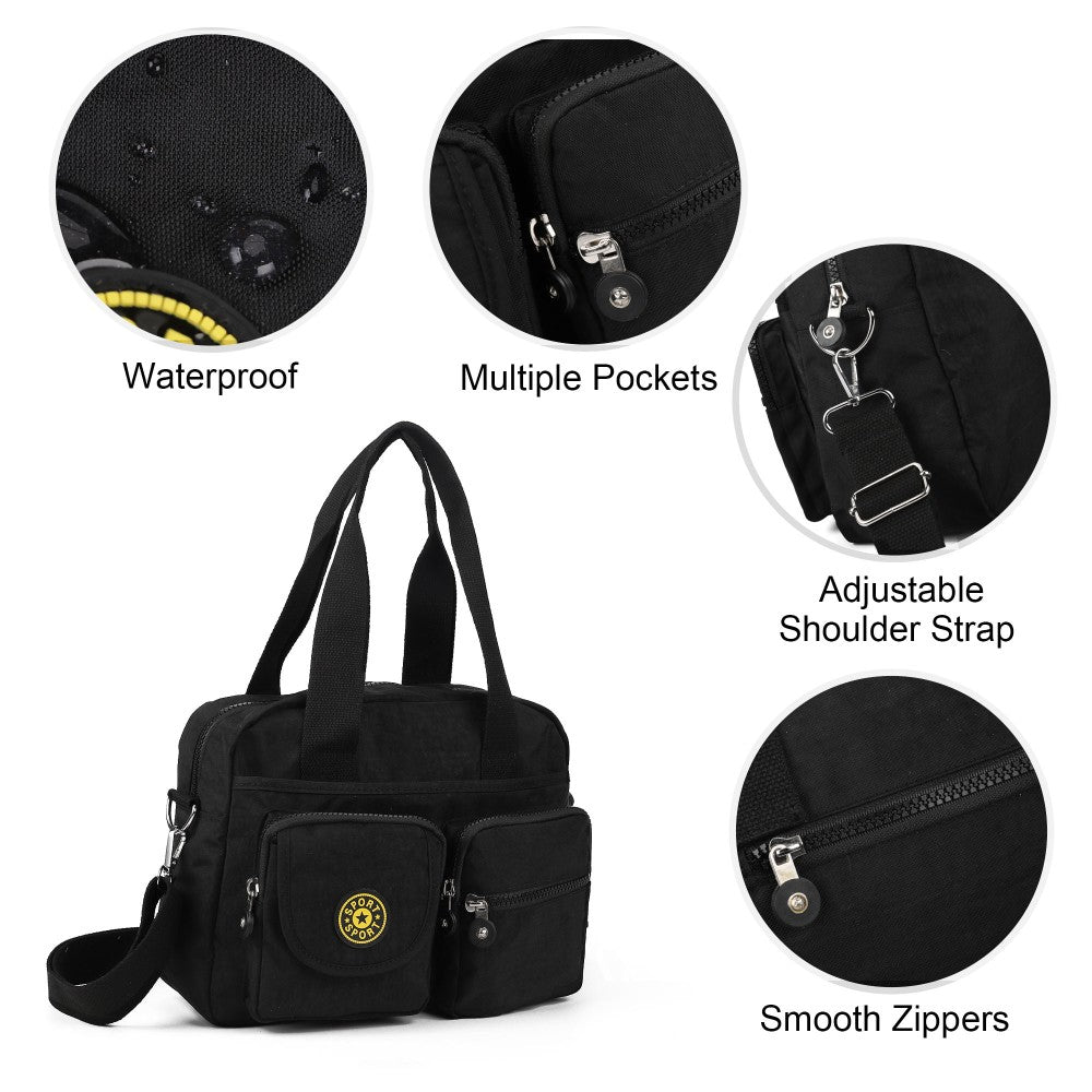 BLACK Voyager Utility Nylon Shoulder Bag – Waterproof Multi-Pocket Travel Handbag