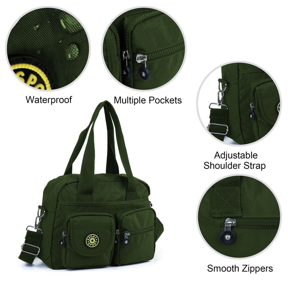 GREEN Voyager Utility Nylon Shoulder Bag – Waterproof Multi-Pocket Travel Handbag
