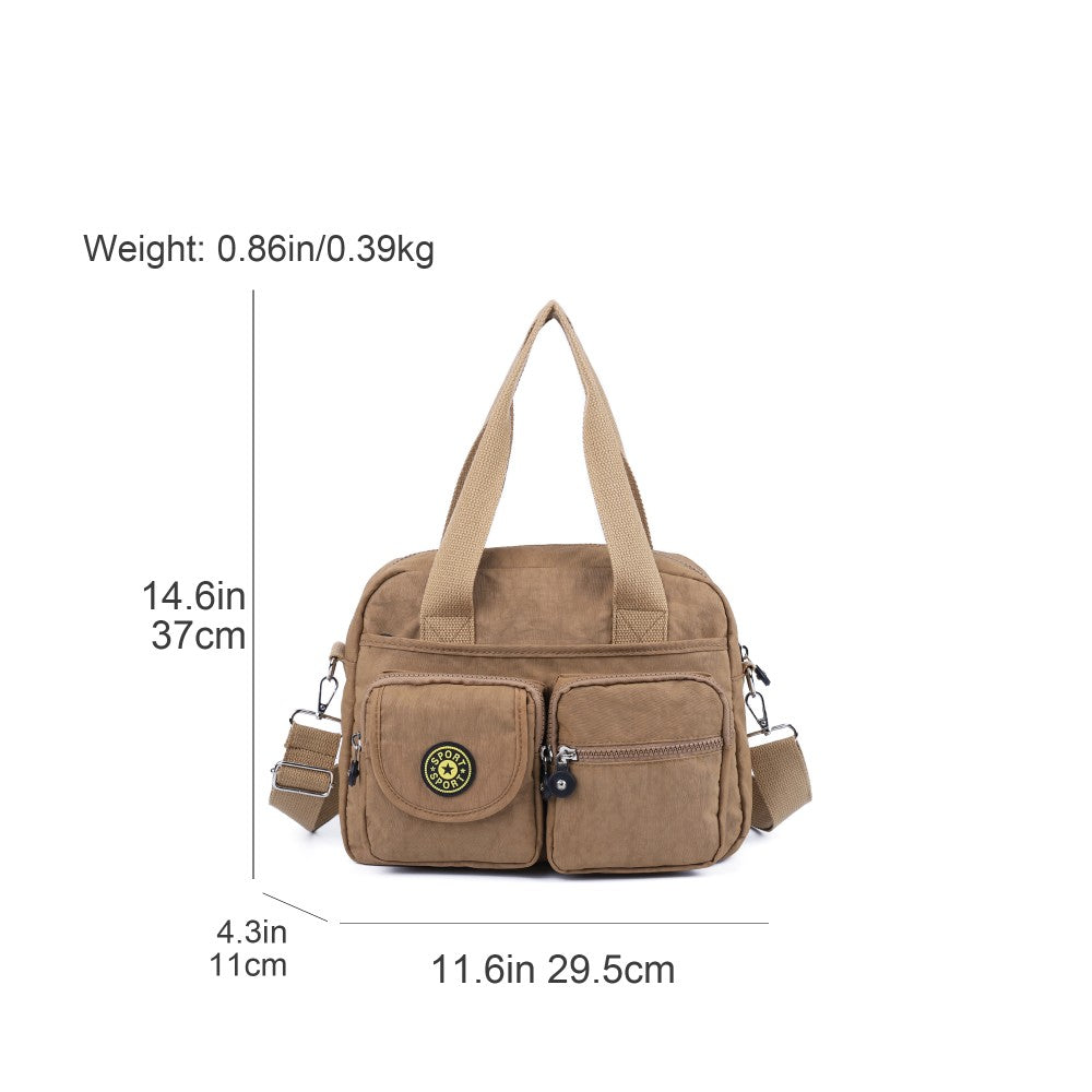 KHAKI Voyager Utility Nylon Shoulder Bag – Waterproof Multi-Pocket Travel Handbag
