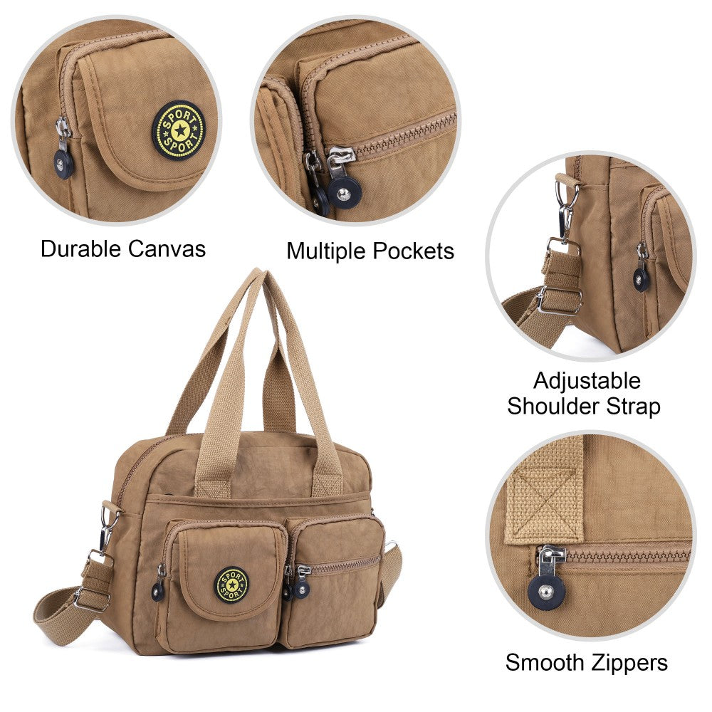 KHAKI Voyager Utility Nylon Shoulder Bag – Waterproof Multi-Pocket Travel Handbag
