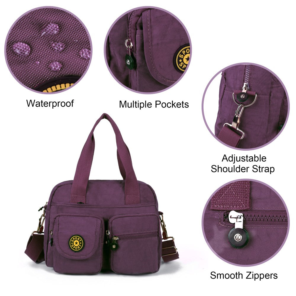 PURPLE Voyager Utility Nylon Shoulder Bag – Waterproof Multi-Pocket Travel Handbag