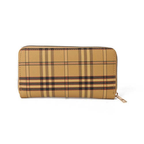 Plaid PU Leather Long Wallet – Zipper Purse with Card Holder & Coin Pocket-COFFEE