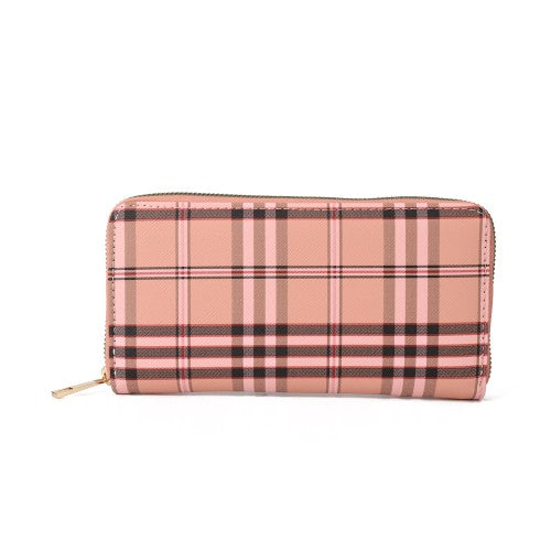 Plaid PU Leather Long Wallet – Zipper Purse with Card Holder & Coin Pocket-PINK