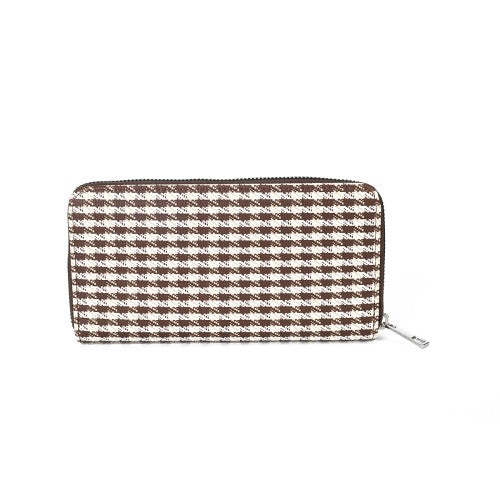 Brown Houndstooth PU Leather Long Zip Wallet – Large Capacity Women’s Purse with Card Holder & Coin