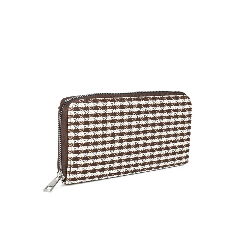 Brown Houndstooth PU Leather Long Zip Wallet – Large Capacity Women’s Purse with Card Holder & Coin