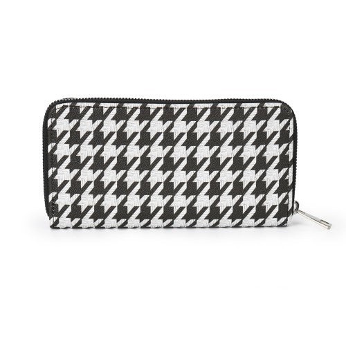 Black & White Houndstooth Long Zip Wallet – PU Leather Clutch Purse