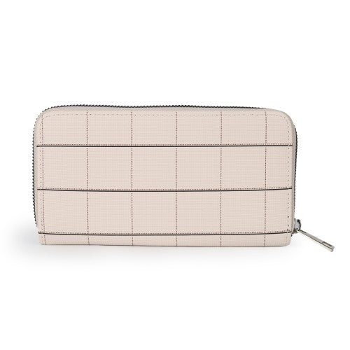 Elegant Beige Grid Long Wallet – PU Leather Zipper Clutch with Spacious Compartments