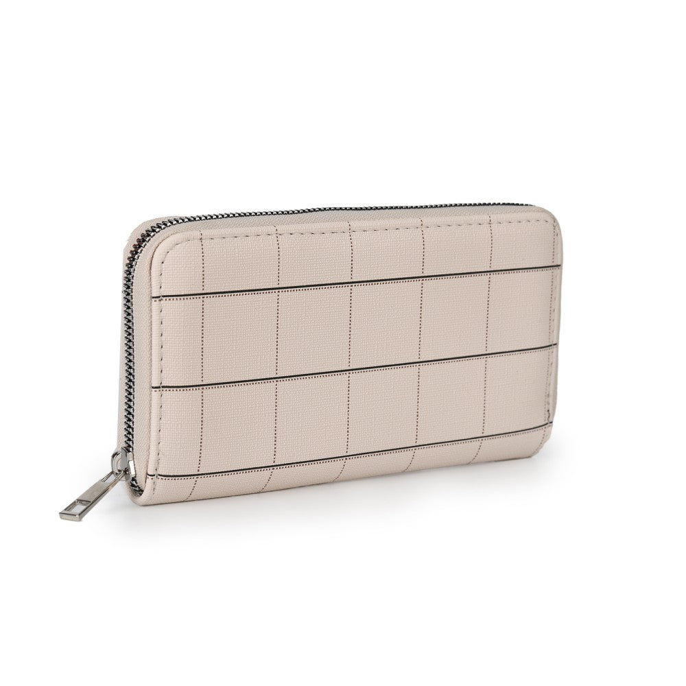 Elegant Beige Grid Long Wallet – PU Leather Zipper Clutch with Spacious Compartments