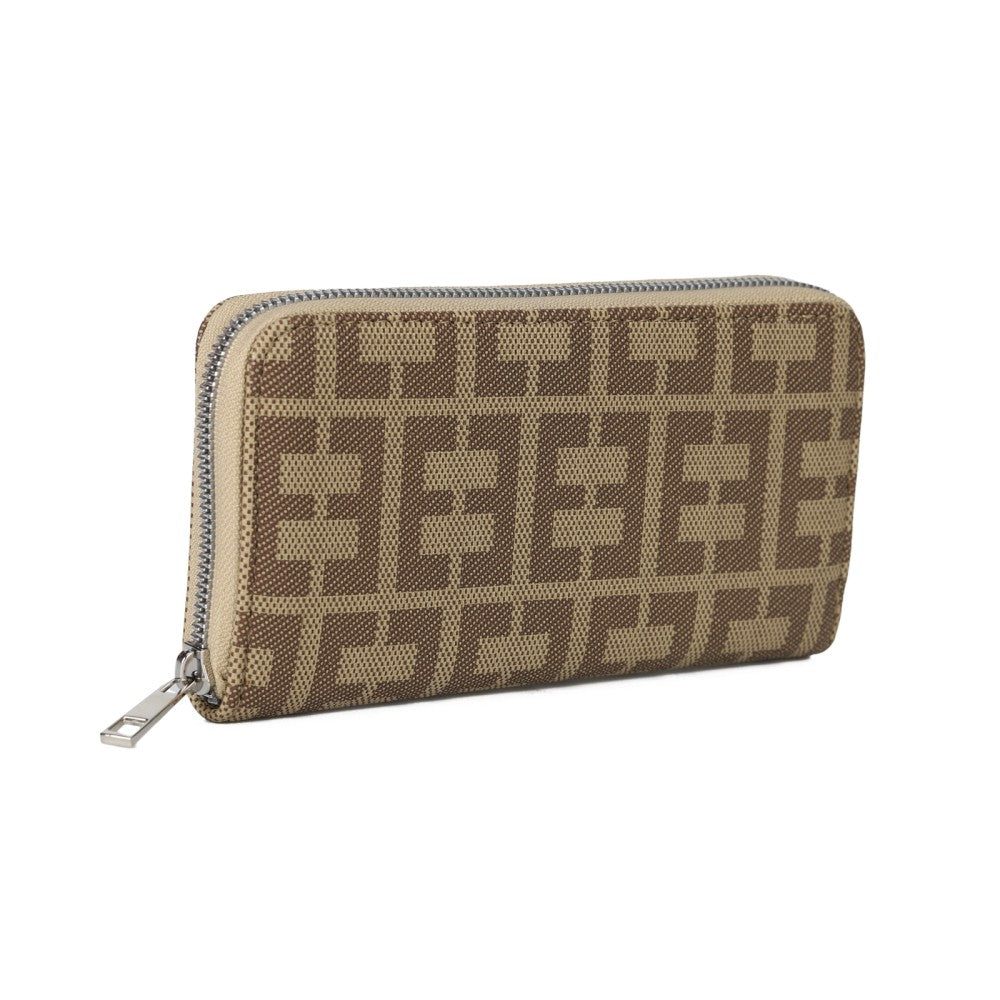 Beige & Brown Designer Print Zip Around Wallet – Spacious Long Clutch