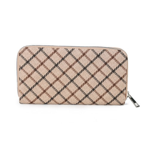 Beige Checkered Women’s Zip-Around Wallet – Elegant Grid Pattern Long Purse