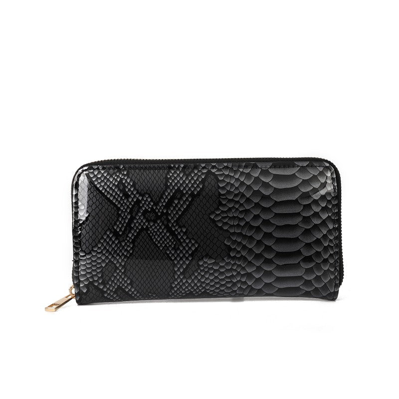 Luxury Black Snakeskin Pattern PU Leather Zip Around Wallet with Card Holder & Coin Pocket