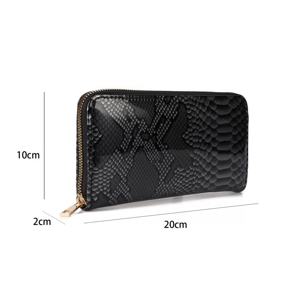 Luxury Black Snakeskin Pattern PU Leather Zip Around Wallet with Card Holder & Coin Pocket