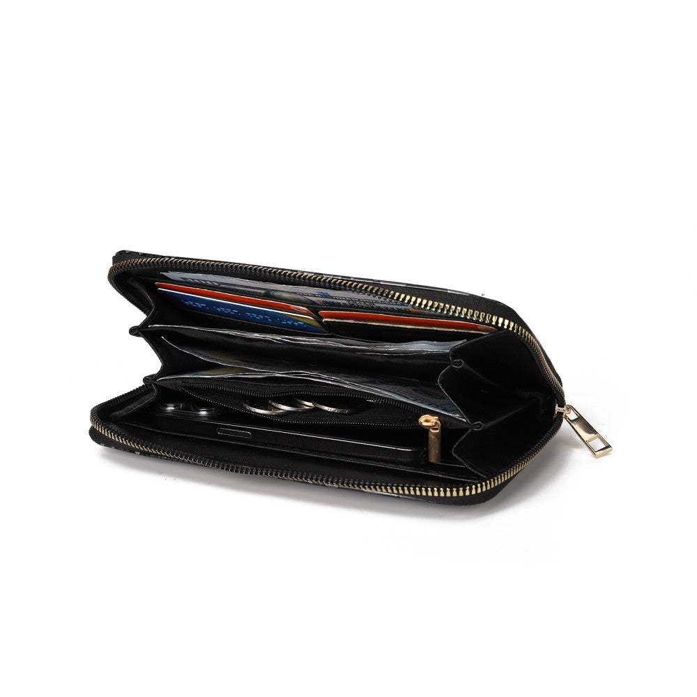 Luxury Black Snakeskin Pattern PU Leather Zip Around Wallet with Card Holder & Coin Pocket