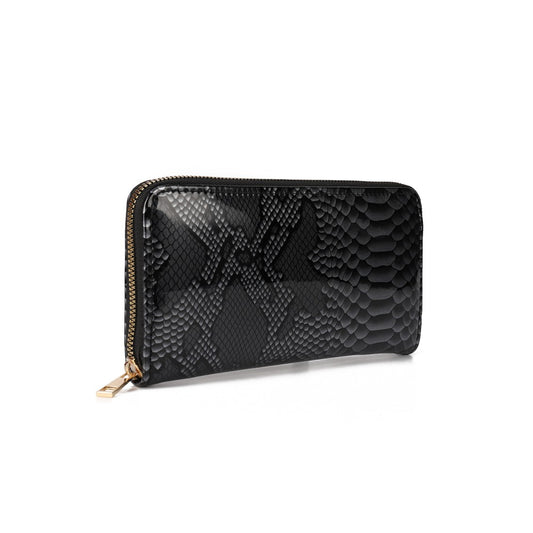 Luxury Black Snakeskin Pattern PU Leather Zip Around Wallet with Card Holder & Coin Pocket