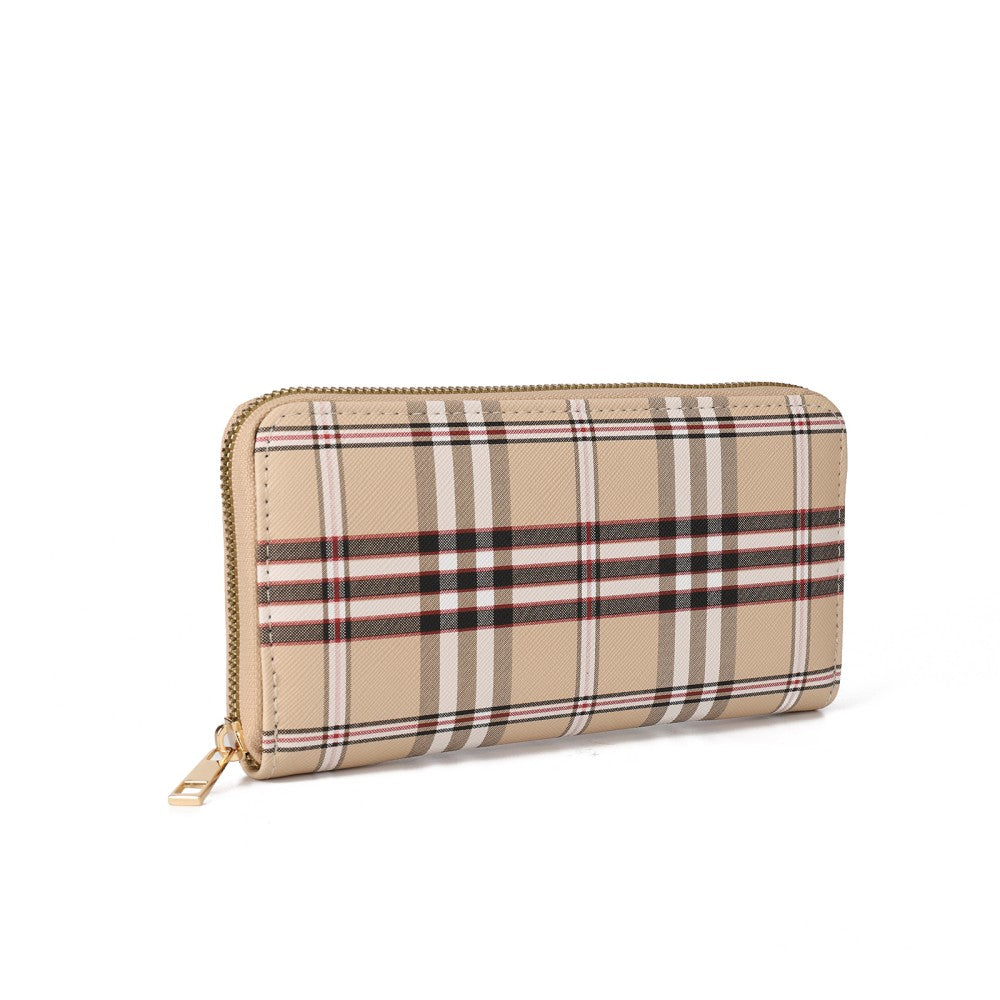 Plaid PU Leather Long Wallet – Zipper Purse with Card Holder & Coin Pocket-BEIGE
