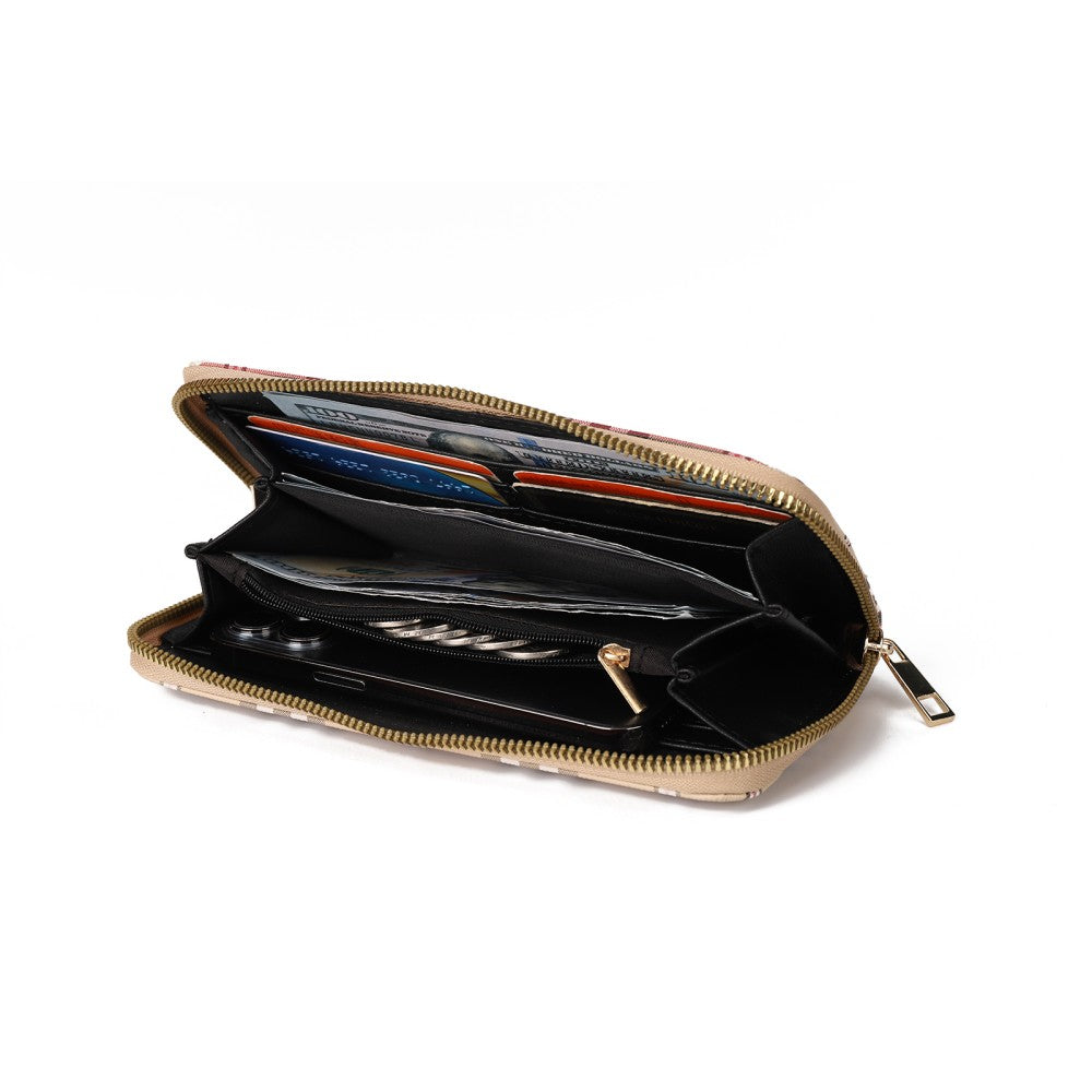 Plaid PU Leather Long Wallet – Zipper Purse with Card Holder & Coin Pocket-BEIGE