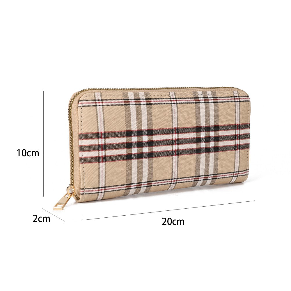 Plaid PU Leather Long Wallet – Zipper Purse with Card Holder & Coin Pocket-BEIGE