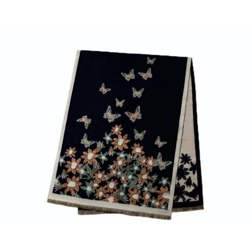 BLACK  Luxury Floral Butterfly Cashmere Scarf Wrap – Elegant Soft Shawl for Women